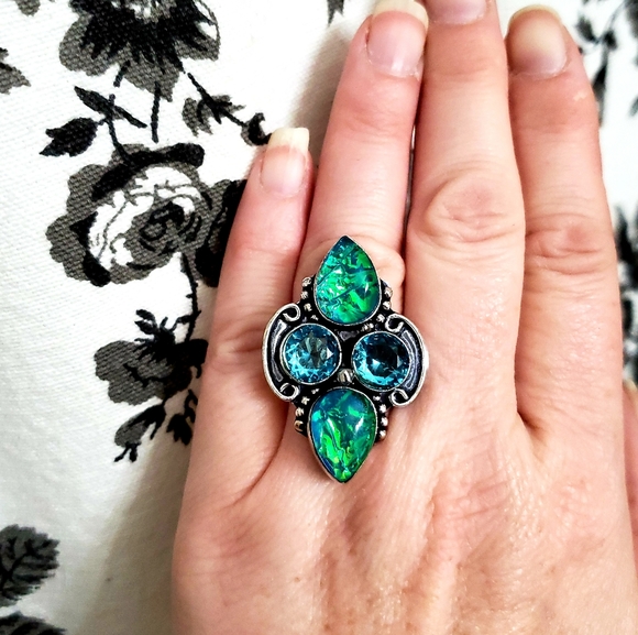New Dichroic Glass and Blue Topaz 925 Silver Ring. - Picture 4 of 8